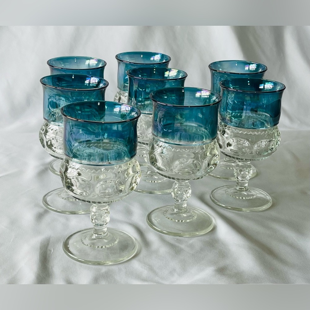 Rare 8 King's Crown Thumbprint Blue Flashed (Top Only) Water Goblet 5 5/8 EUC